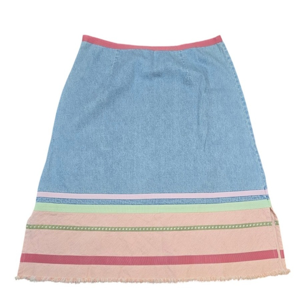 Christopher &‎ Banks Denim Jean Skirt Blue Pink Fringe Hem Sz 8